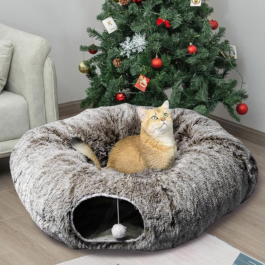 AUOON Cat Tunnel Bed - Cat Donut Tunnel with Soft Plush Circle Cushion for Indoor Cats Kitten Kitty Puppy Rabbit Ferret (Brown)-PawvioPets