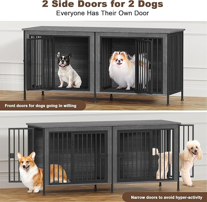 EasyCom 63" Dog Cage Furniture for 2 Pets with Divider, XL Wooden Double Dog Crate Furniture TV Stand for Mideum Breed, Durable and Sturdy-PawvioPets