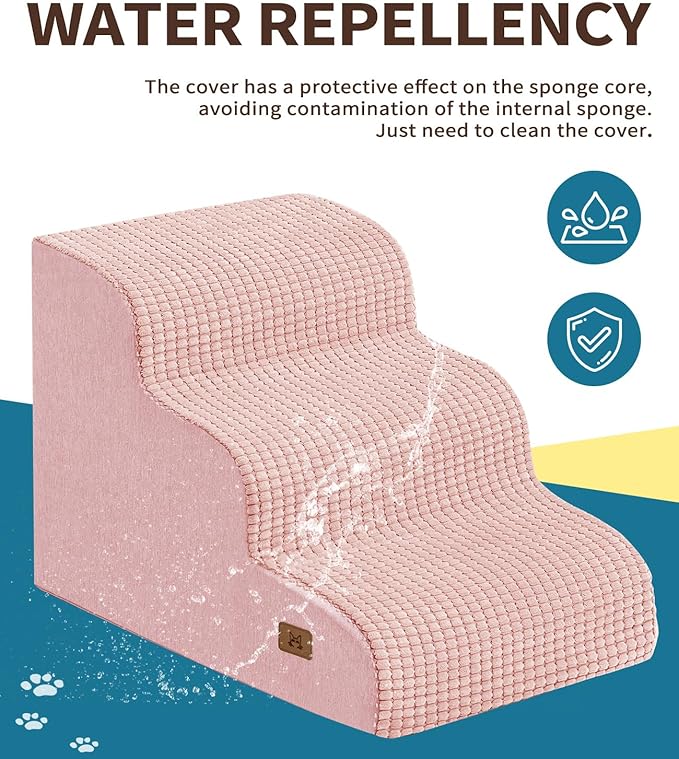 Dog Step for Bed, Dog Stair 3-Step 35D Pet Stair 15.7" H for High Bed or Sofa Non-Slip Balanced Pet Step Indoor, Pink-PawvioPets
