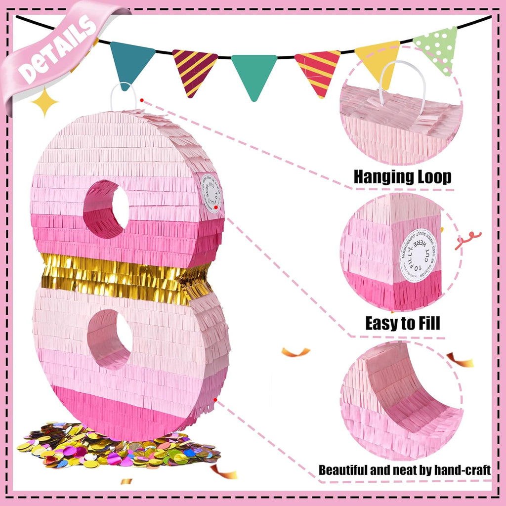 PCFING 20 Inch Number 8 Piñata Pink Gold with 30 Inch Piñata Stick Blindfold Confetti for Boys Girls Adults Birthday Party Decorations, Anniversary Celebration, Fiesta