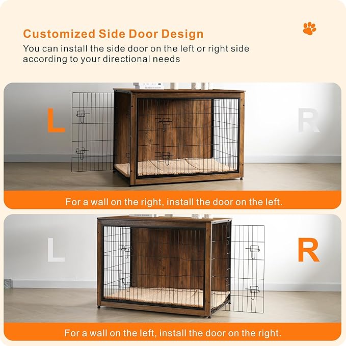 DWANTON Dog Crate Furniture with Cushion, Wooden Kennel Table with Double Doors, Indoor Dog House, Extra Large, 43.3" L, Warm Brown-PawvioPets