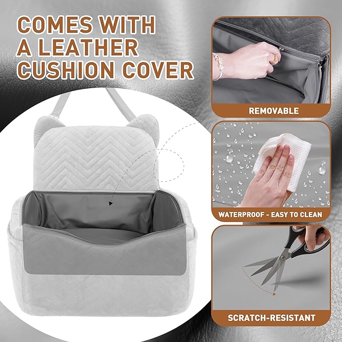 Dog Car Seat Booster with Waterproof Cover, Memory Foam, Small/Medium Dog Bed for Car Back Seat for Travel, Grey, 2 Safety Belt-PawvioPets