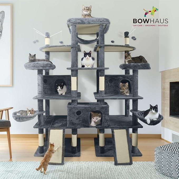 Extra Large 80-Inch Tall Cat Tree w/Widened Perch for Large Cats, Big Cat Tower Indoor, Modern Multi-Level Activity Tower with Scratching Posts, Condos, Baskets, Hammock, Scratching Ramps-PawvioPets