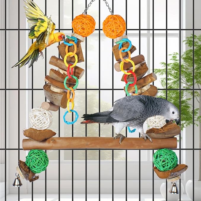 3-in-1 Parrot Toys Natural Coconut Fiber Parrot Hammock (Swing + Perch + Chew Toy) Natural Bird Perches for Medium Large Birds - 23" Bird Toys for Parrots Stand-PawvioPets