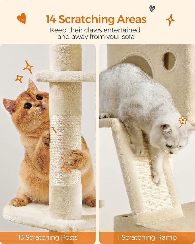 Feandrea Cat Tree, 81.1-Inch Large Cat Tower with 13 Scratching Posts, 2 Perches, 2 Caves, Basket, Hammock, Pompoms, Multi-Level Plush Cat Condo for Indoor Cats, Beige UPCT190M01-PawvioPets