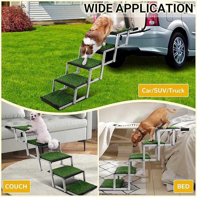Dog Stairs for Car, Portable Folding Dog Ramps,Dog Steps for Large Dogs with Non-Slip Grass Rug for Cars, SUV, Trucks, Lightweight Pet Ramp Supports Up to 200 lb, 5 Steps-PawvioPets