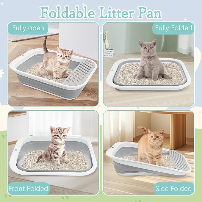 Fhiny Cat Litter Box Portable Shallow Litter Box 17.7"x13.4"x4.9" Foldable Cat Toilet with Scoop Open Kitty Potty Pan with Litter Drop Pedal Easy to Clean Travel Kitten Toilet(Gray)-PawvioPets