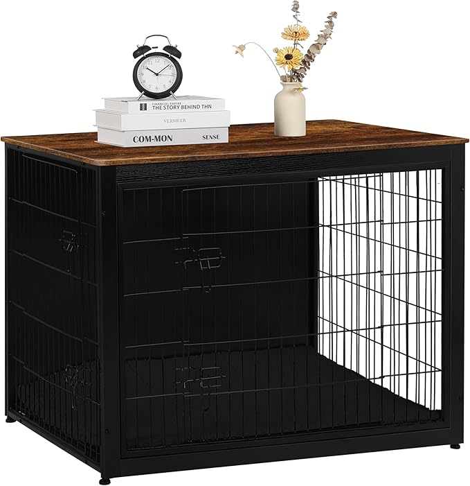 DWANTON Dog Crate Furniture with Cushion, Wooden Kennel Table with Double Doors, Indoor Dog House, Extra Large Size, 43.3" L, Black+Rustic Brown-PawvioPets