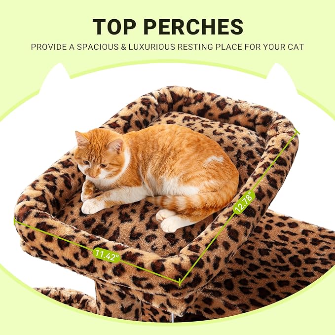 Allewie 64 Inches Cat Tree Tower/Multi-Level Activity Center for Indoor Big Felines/2 Plush Condos/2 Perchs/Basket/House/Sisal Scratching Posts/Hanging Cat Toys/Leopard Print-PawvioPets