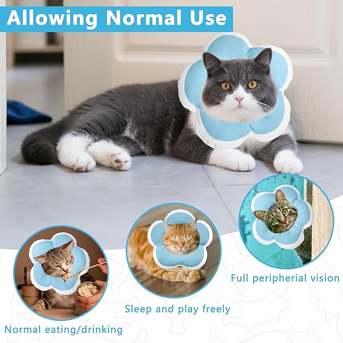 Cat Cone Collar Soft, Waterproof Cats Cones to Stop Licking After Surgery, Adjustable Soft Elizabeth Cats Collars for Wound Healing, Flower Shape Cat Recovery Collar (Blue, Small)-PawvioPets