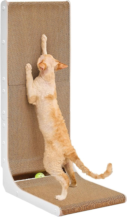 EHEYCIGA Cardboard Cat Scratcher for Indoor Cats, 32 Inch L Shaped Vertical Cat Scratching Board with Ball Cat Toy, Extra Large Cat Scratcher Pad, White-PawvioPets