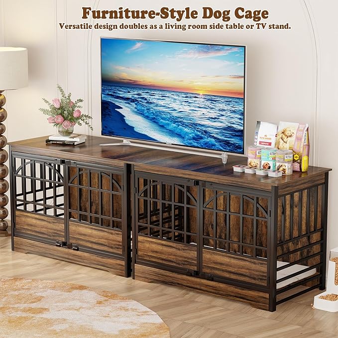 COZPAW 52 Inch Dog Crate Furniture, Extra Large Dog Kennel Indoor for XLarge Breed, Heavy Duty Dog Cage with Double Elegant Arched Doors, Decorate as TV Stand & End Table-Retro Brown-PawvioPets