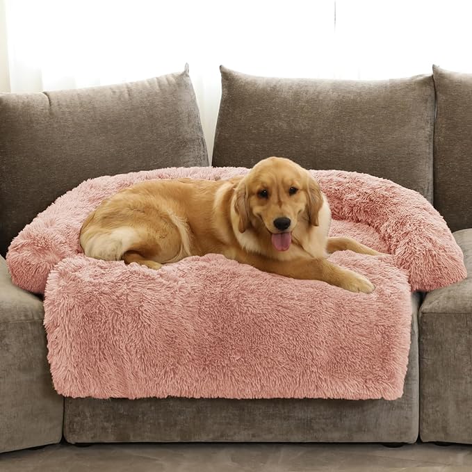GGIB Calming Dog Bed Fluffy Plush Dog Mat for Furniture Protector with Removable Washable Cover for Large Medium Small Dogs and Cats (Extra Large (53x39.3x6), Pink)-PawvioPets