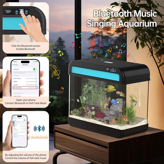 Fish Tank Aquarium 6.3 Gallon Fish Bowl with Music Humidifier 7 Color Auto-Looping Light Adjustable Quiet Pump, Temperature Display, Bottom Water Changer, HD Float Glass, Leak-Proof Thickened Base-PawvioPets