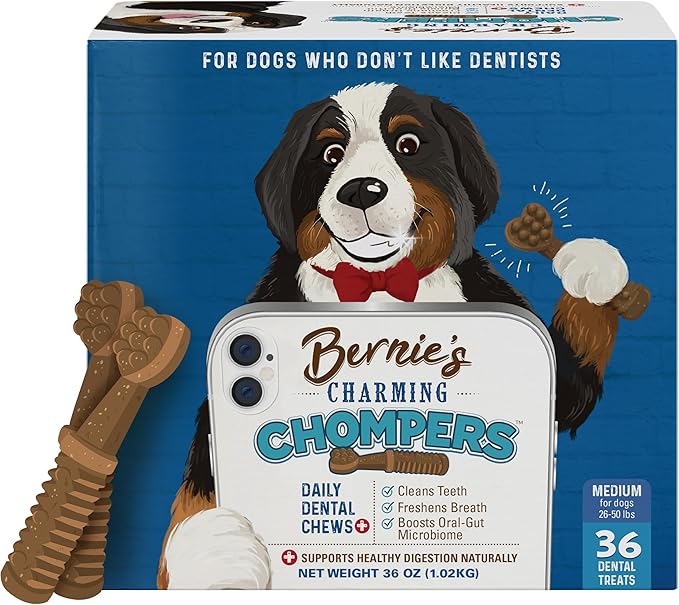 Bernie's Charming Chompers - Daily Dental Chews for Dogs 26-50 Lbs. - 36 Count - Cleans Teeth, Freshens Breath, + Boosts Oral-Gut Microbiome. Easy to Digest, Supports Healthy Digestion Naturally-PawvioPets
