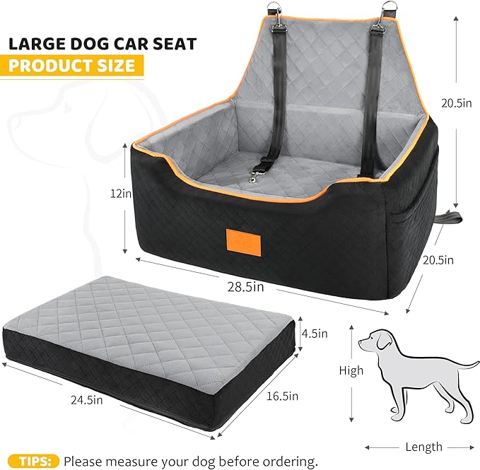 Dog Car Seat for Large/Medium Dog, Booster Seat for Dogs Under 55Lbs or 2 Small, Detachable and Washable Travel Pet Seat with Thick Cushion and Storage Pockets (Black/Gray)-PawvioPets