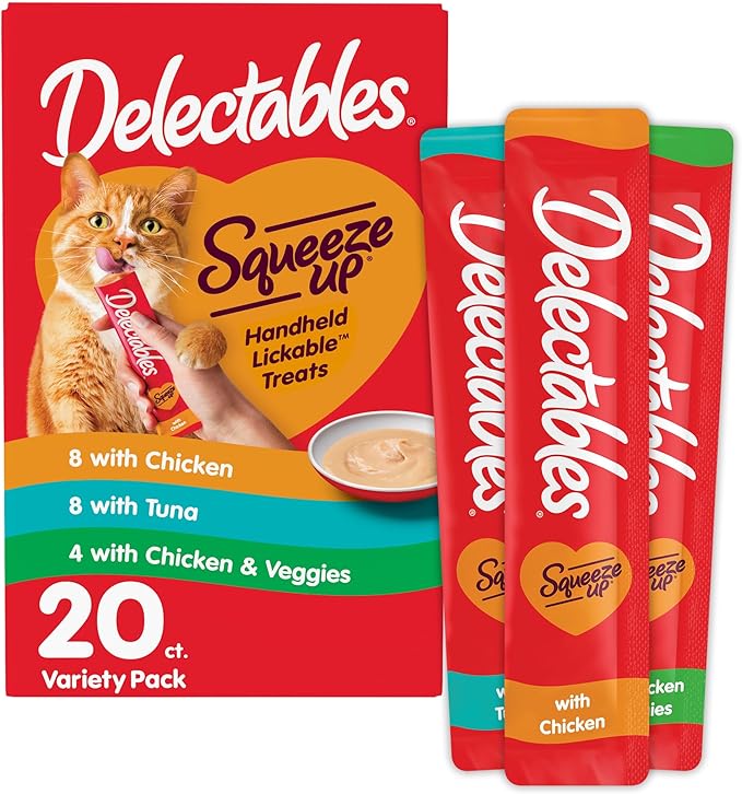 Delectables Squeeze Up Variety Pack, Creamy Squeezable Puree, Lickable Wet Cat Treats, Grain Free, No Added Fillers, No by-Products, No Added Preservatives, 0.5 Ounces Tube, 20 Tubes Total-PawvioPets