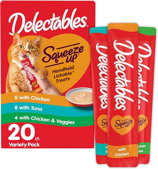 Delectables Squeeze Up Variety Pack, Creamy Squeezable Puree, Lickable Wet Cat Treats, Grain Free, No Added Fillers, No by-Products, No Added Preservatives, 0.5 Ounces Tube, 20 Tubes Total-PawvioPets