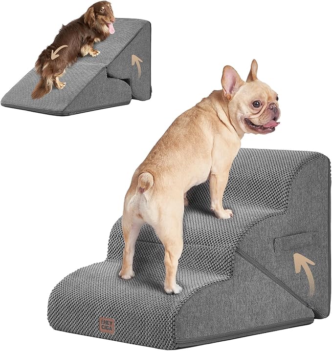 EHEYCIGA Curved Foldable Dog Stairs Ramp for Small Dogs 16" H, 3-Step Dog Steps for Couch Sofa and Chair, Pet Stairs for Cats, Non-Slip Balanced Pet Steps Indoor, Grey-PawvioPets