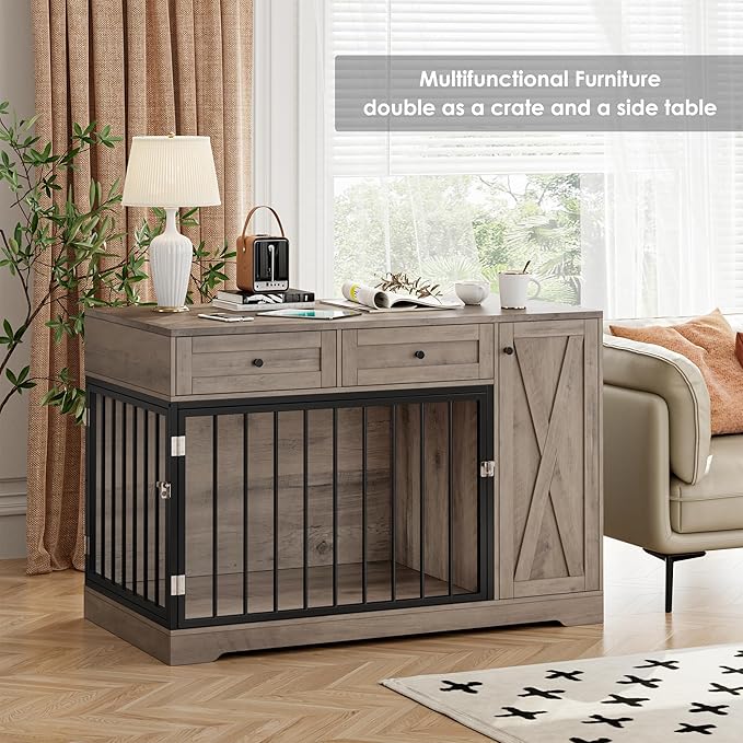 Dog Crate Furniture Kennel with Double Doors Wooden Pet House with 2 Drawers and Storage Cabinet, Indoor Dog Cage Farmhouse Modern Side End Table for Small Medium Dogs, Rustic-PawvioPets