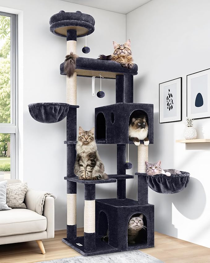 Globlazer Heavy Duty Cat Tree Tower, 73in Tall Cat Tree for Indoor Cats Large Adult, Cat Condo for Large Cats with 5 Scratching Posts, 2 Cat Caves, 2 Padded Perches, 2 Hanging Baskets, F73, Dark Gray-PawvioPets