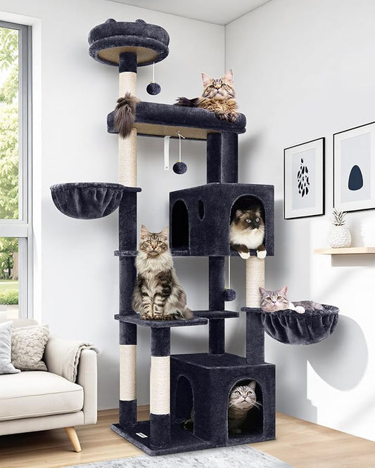 Globlazer Heavy Duty Cat Tree Tower, 73in Tall Cat Tree for Indoor Cats Large Adult, Cat Condo for Large Cats with 5 Scratching Posts, 2 Cat Caves, 2 Padded Perches, 2 Hanging Baskets, F73, Dark Gray-PawvioPets