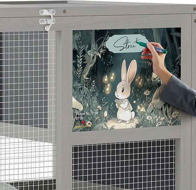 COZIWOW Fashionable Wood 36In Rabbit Hutch Indoor on Wheels Bunny Cage Outdoor Rabbit Cage with Clean Tray, Openable Roof, Anti-Slip Ramp for Small Bunny Rabbit (Grey with Pattern)-PawvioPets