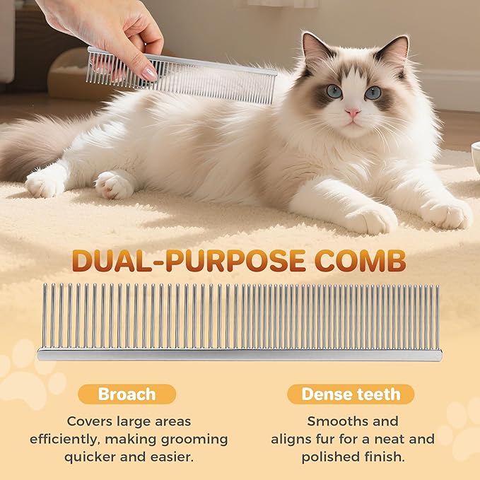 7.5 Inch Professional Stainless Steel Pet Grooming Comb for Dogs & Cats, Wide & Dense Teeth for Removing Tangles, Knots,Undercoat,Flea,Excess Hair, Rounded Corners Design for Safe,Metal Dematting Tool-PawvioPets