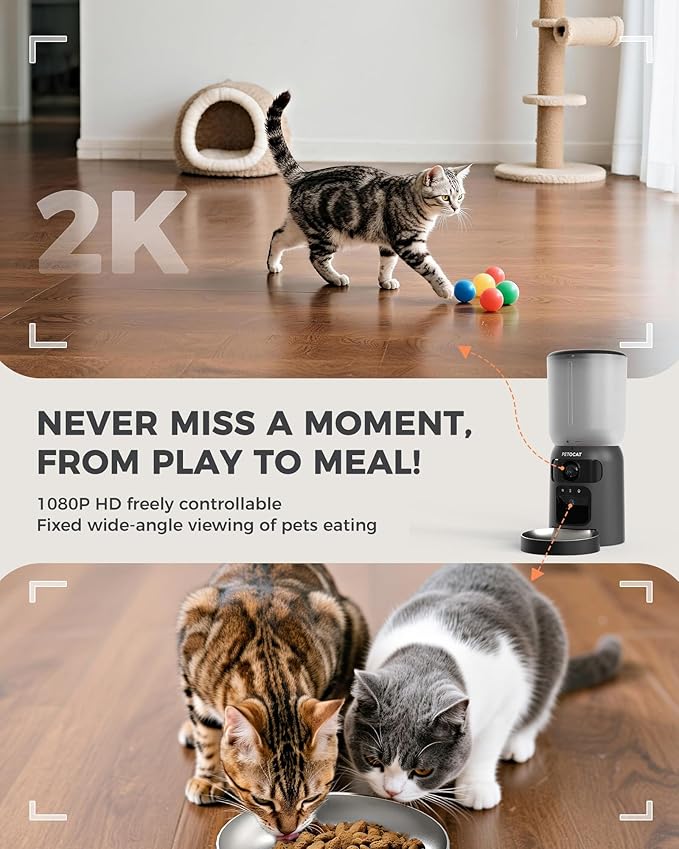 AI Cat Feeder with Dual Cameras (1 Adjustable), 2K HD Night Vision, 5G/2.4G WiFi, 6L Automatic Pet Feeder with APP Control, Laser Interactive Toy, Two-Way Audio & Scheduled Feeding-PawvioPets