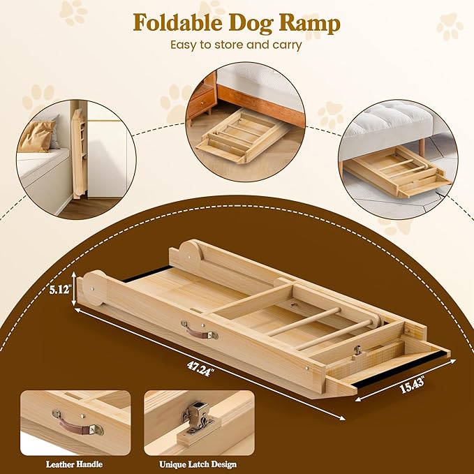 Dog Ramp for Bed, 47" Long Non-Slip Portable Pet Ramp for Small Large Dogs, Wooden Adjustable Dog Ramps for Bed, Couch, Car -Non Slip Carpet Surface and Foot Pads, Height from 12" to 24", Up to 200LBS-PawvioPets