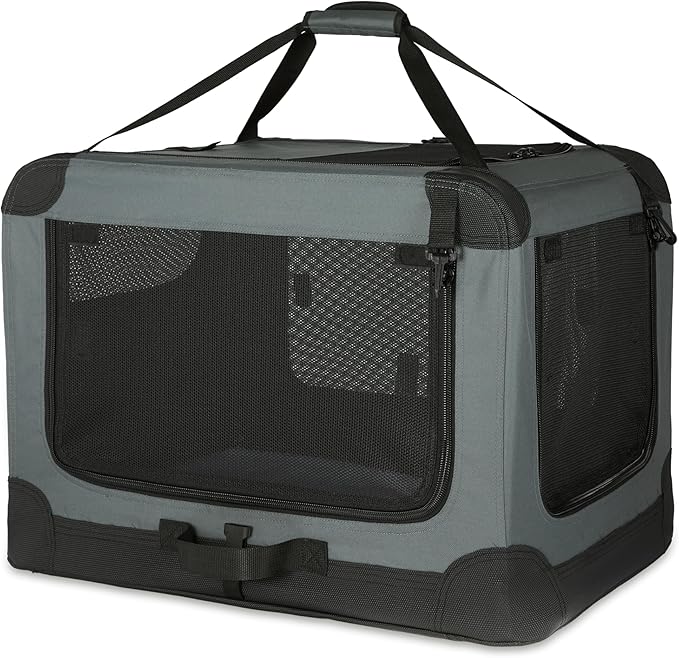 Amazon Basics 4-Doors Portable Soft-Sided Folding Travel Crate Kennel for cat, Dog, and Other Small Animals, Grey, M 30" x 21" x 21"-PawvioPets