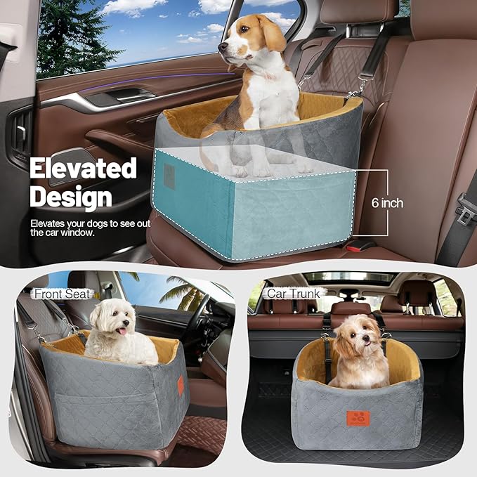 Dog Car Seat for Small Medium Dogs, Memory Foam Booster Car Seat for Dogs up to 35 lbs, Elevated Pet Car Seat, Travel Safety Bed with Washable Removable Cover and Storage Pockets(Gray/Coffee)-PawvioPets