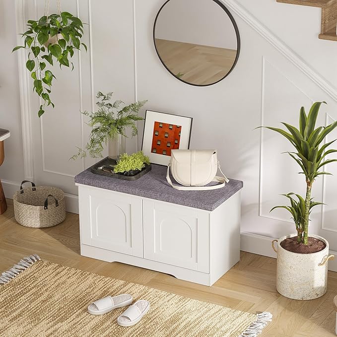 DINZI LVJ Shoe Bench, Entryway Storage Bench with Doors, Cushion, 2-Tier Shoe Rack with 6-Cubby, 31.5”L x 13.8”W Shoe Organizer Cabinet, Adjustable Shelf, Living Room, Bedroom, White-PawvioPets
