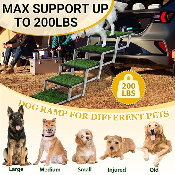 Extra Wide Dog Stairs for Car, Portable Folding Dog Steps for Large Dogs with Non-Slip Grass Rug for Cars, SUV, Trucks, Lightweight Pet Ramps Supports Up to 200 lb, 5 Steps-PawvioPets