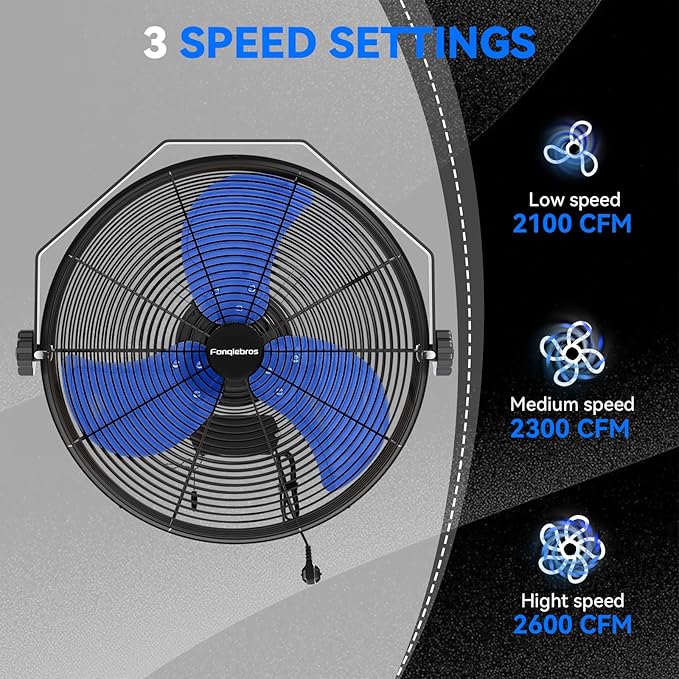 2600 CFM 14 inch Outdoor High Velocity Wall Mounted Fan, 3-Speed Metal Fans with IP44 Enclosure Motor, Industrial Grade Weatherproof Wall Fan for Patio, Greenhouse, Garage, and Gazebo-PawvioPets