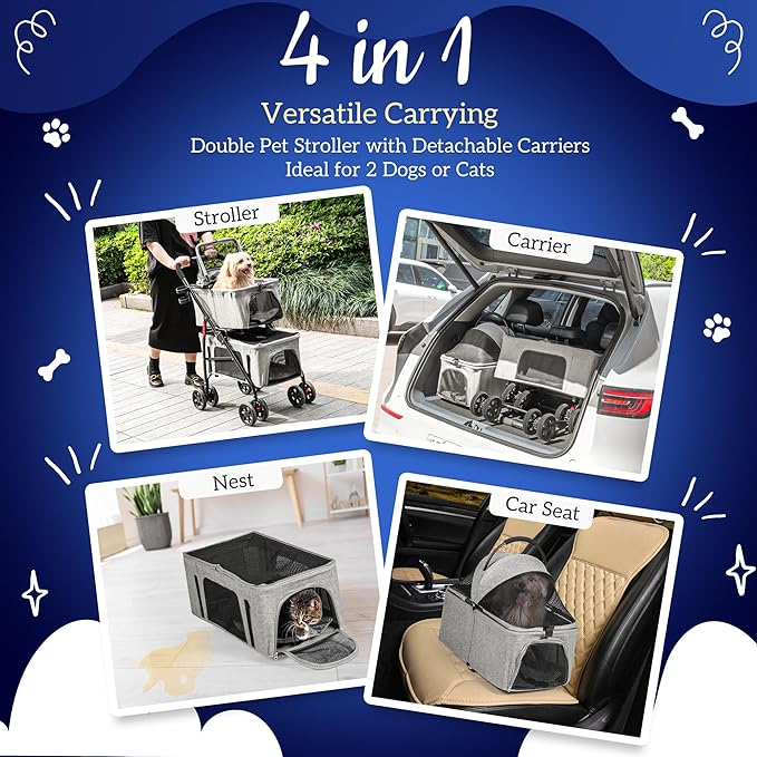 Detachable Pet Double Stroller with 4 Rolling Casters for 2 Pets – Lightweight Multifunctional Travel Stroller with Mesh Windows, Cup Holder, Sun Shades & Storage Pocket for Puppy and Kitty-PawvioPets