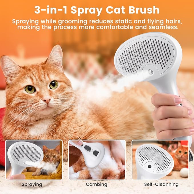 3 In 1 Cat Brush, Anti-Static Dog Brush One-click Self-cleaning Comb for Furry Pet, Rechargeable USB Cat Steam Brush for Shedding, Horse and Dog-PawvioPets