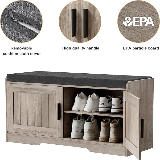 2-Tier Storage Bench, Shoe Bench with Thickened Padded Seat Cushion, Entryway Bench with 2 Doors, Adjustable Shelf, 13.8" D x 37.4" W x 18.5" H, for Entryway, Living Room, Bedroom, Greige-PawvioPets