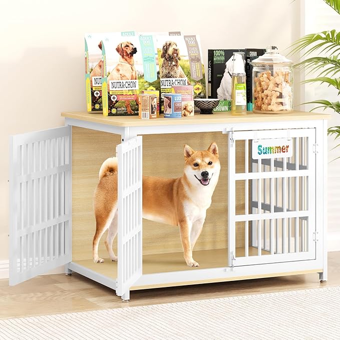EasyCom Heavy Duty Dog Kennel Indoor with Name Tag, 41" Dog Crate Furniture for Medium Dogs, Double-Doors Sturdy Metal Dog Cage for Anxiety Dog, Decorate House as TV Stand, End Table, Bedside Table-PawvioPets