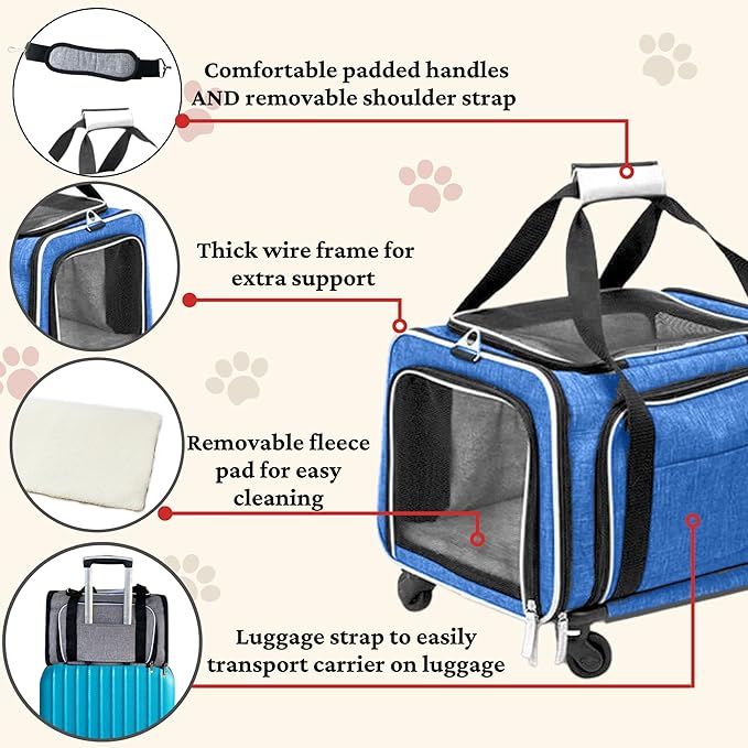 Airline Approved Expandable Premium Pet Carrier on Wheels- Two Sided Expandable Rolling Carrier- Designed for Dogs & Cats- Extra Spacious Soft Lined Carrier! (Blue)-PawvioPets