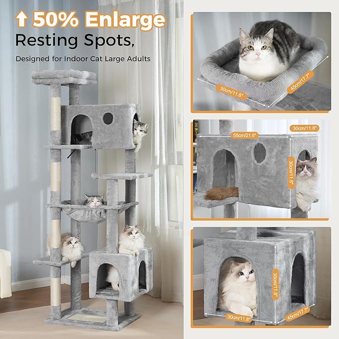 72” Cat Tree for Large Cats Big Cat Tower with Enlarged Hammock 21.6x17.7” Spacious Cats Condo House and Roomy Top Bed and Multiple Scratch Posts for Indoor Adult Cats (Grey, XLarge-72)-PawvioPets