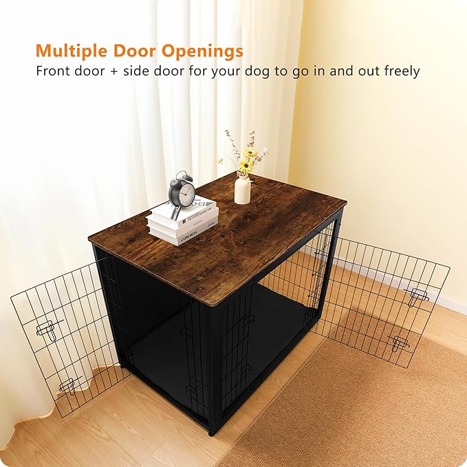 DWANTON Dog Crate Furniture with Cushion, Wooden Kennel Table with Double Doors, Indoor Dog House, Extra Large Size, 43.3" L, Black+Rustic Brown-PawvioPets
