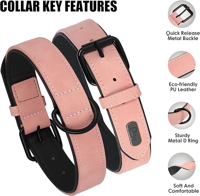Didog Soft Padded PU Leather Dog Collar, Breathable and Adjustable Pink Dog Collars for Small Dogs, Comfortable for Daily Walk, Pink, M Fit Neck 12-15"(13-22 lbs)-PawvioPets