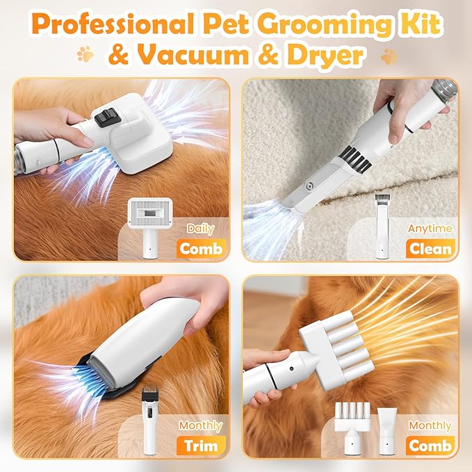 Dog Grooming Vacuum & Dryer & Clippers for Shedding Grooming, 3L Canister for Large Dog, 3 in 1 Grooming Kit for Dogs at Home, Adjustable Temperature and Airflow Pet Grooming Kits.-PawvioPets