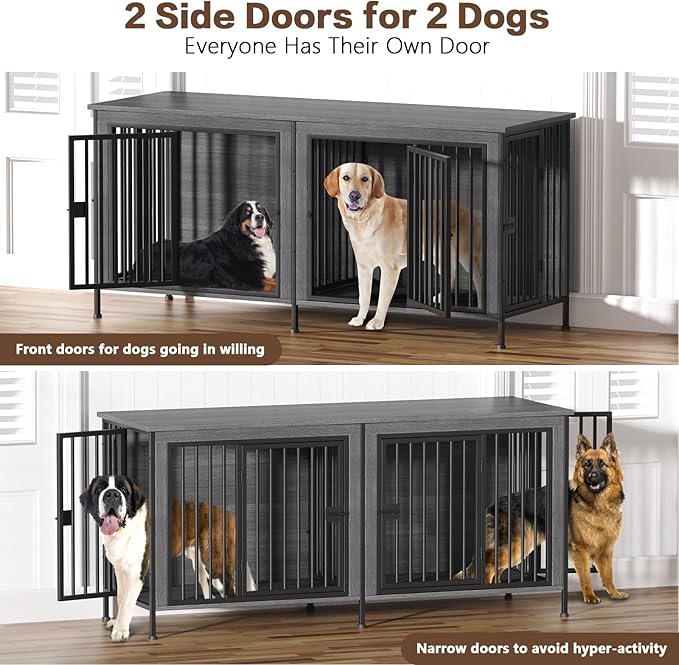 EasyCom 78 Inch Dog Cage Furniture for 2 Pets with Divider, XXL Wooden Double Dog Crate Furniture TV Stand for Mideum and Large Breed, Durable and Sturdy-PawvioPets