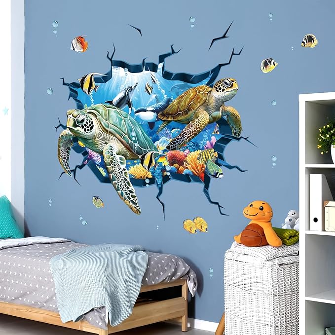decalmile 3D Under The Sea Turtle Wall Decals Underwater Ocean Fish Broken Wall Stickers Kids Bedroom Living Room Bathroom Wall Decor-PawvioPets