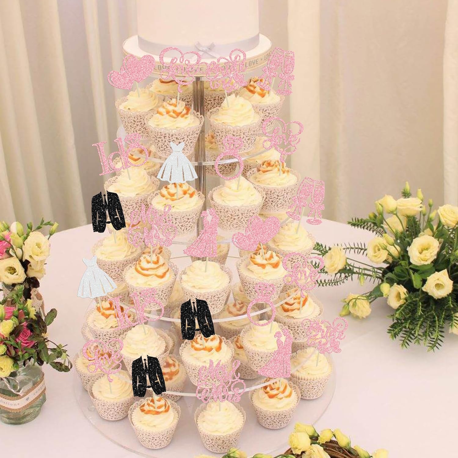 Gyufise 30Pcs Bride to Be Cupcake Toppers Glitter Diamond Ring I Do Love Cupcake Picks Miss to Mrs Bridal Shower Wedding Engagement Bachelorette Cake Decoration Pink