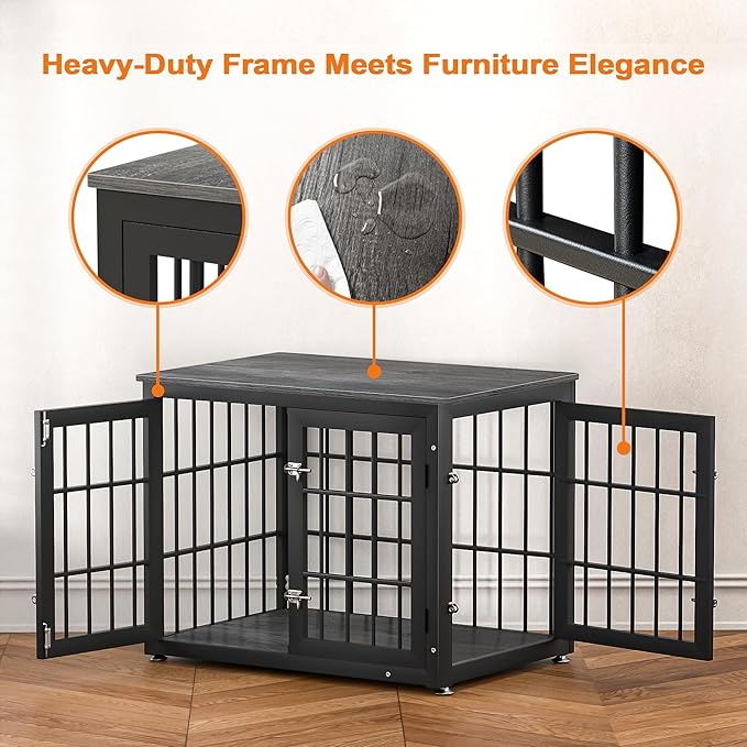 32 Inch Heavy Duty Dog Crate Furniture for Medium and Small Dogs, Decorative Pet House End Table, Wooden Cage Kennel Furniture Indoor, Gray-PawvioPets