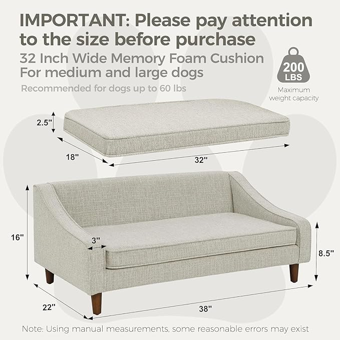 Dog Sofa Couch for Medium to Large Dogs, Durable Pet Sofa with Washable Fabric, Elevated Mini Dog Bed with Wooden Legs for Medium and Large Dogs, Beige-PawvioPets