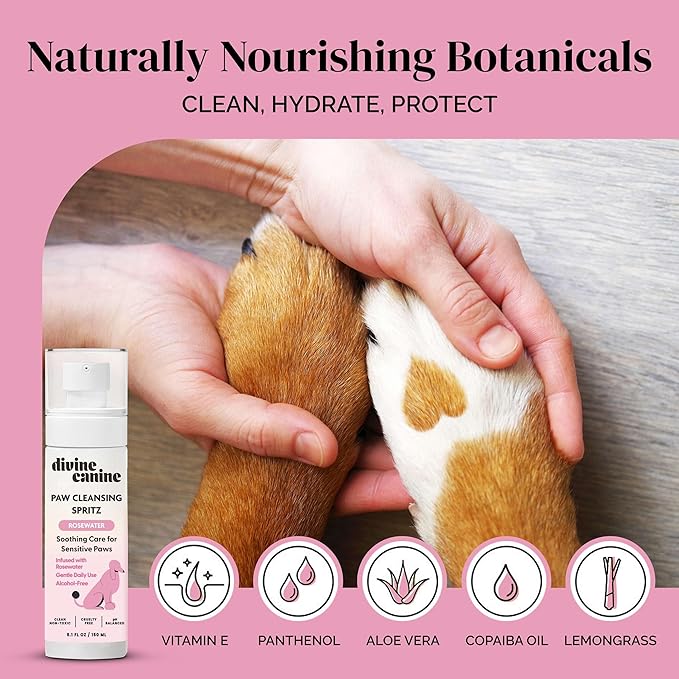 Dog Paw Cleaner - 5.1 Fl Oz of Alcohol Free Paw Cleansing Spray - Made with Rosewater, Aloe, Copaiba Oil, and Lemongrass Oil to Nourish and Clean Paws - Made in The USA-PawvioPets